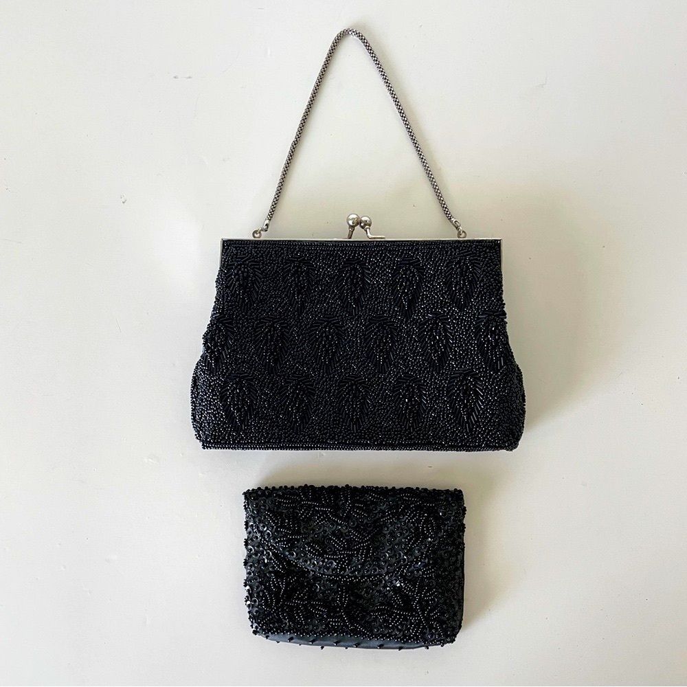 Vintage Black Beaded Bag & Compact/Lipstick Vanity Pouch Set